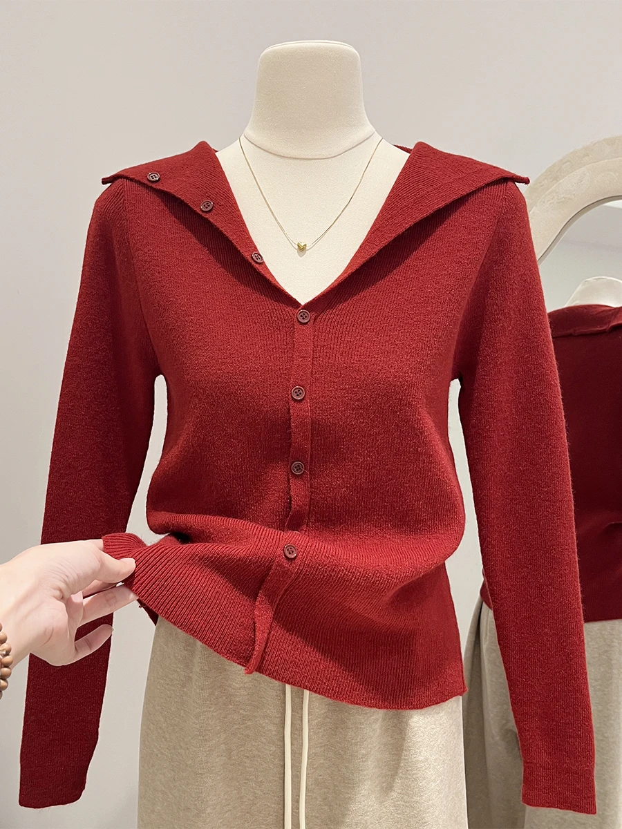 Рождественское красное вязаное поло с лацканами и длинными рукавами для женщин