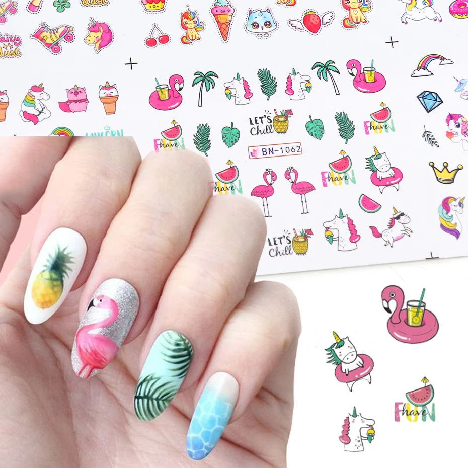 12pcs Unicorn Nail Stickers Pink Horse Flamingo Ice Cream Donut Transfer Sliders For Art Watermark Tattoo SABN1057-1068 - купить по
