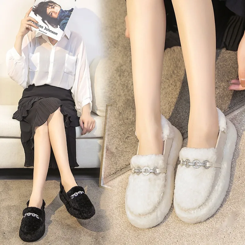 

2021 Women's Fur Flat Shoes Winter Home Fur Keep Warm Women Shoes Slip-on Loafers Rhinestone Buckle Lovely Casual Ladies Shoes