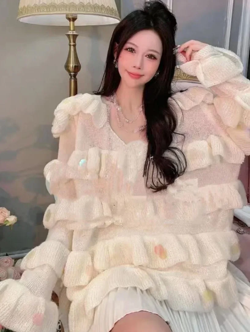 

Fat sister's heavy industry sequin top, new style in autumn and winter, net red ruffle, solid color, very fairy sweater, female