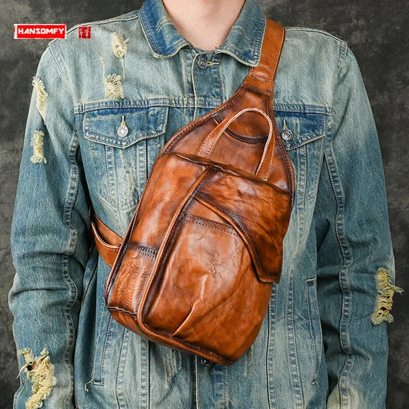 Vegetable Tanning Leather Men's Chest Bag First Layer Cowhide Crossbody Bag Shoulder Bag Genuine Leather Fashion IPad Bags