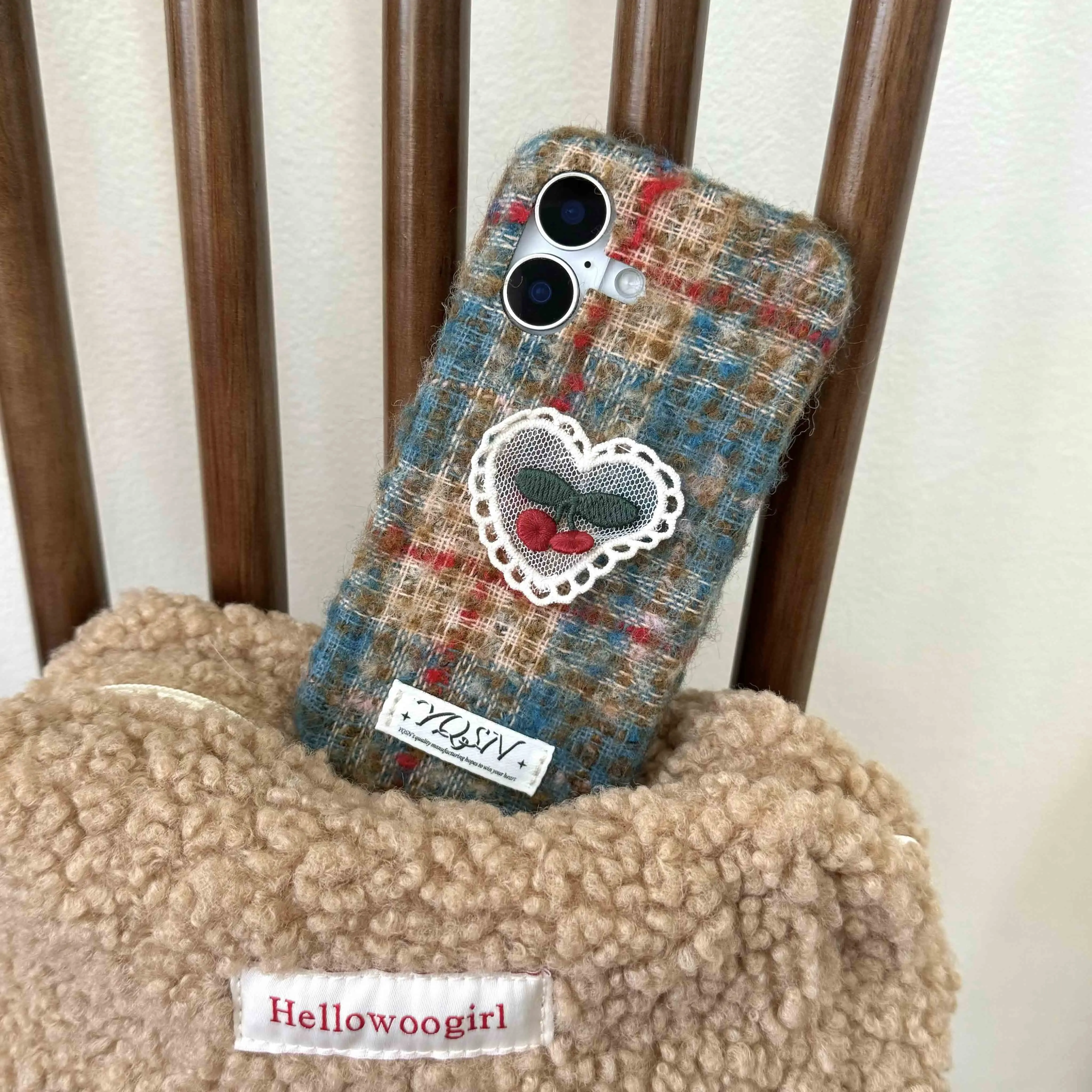 Ins embroidery love heart cherry cover for iphone 14promax 15pro 13 15 16 pro max 16pro 14 autume winter plaid check phone case
