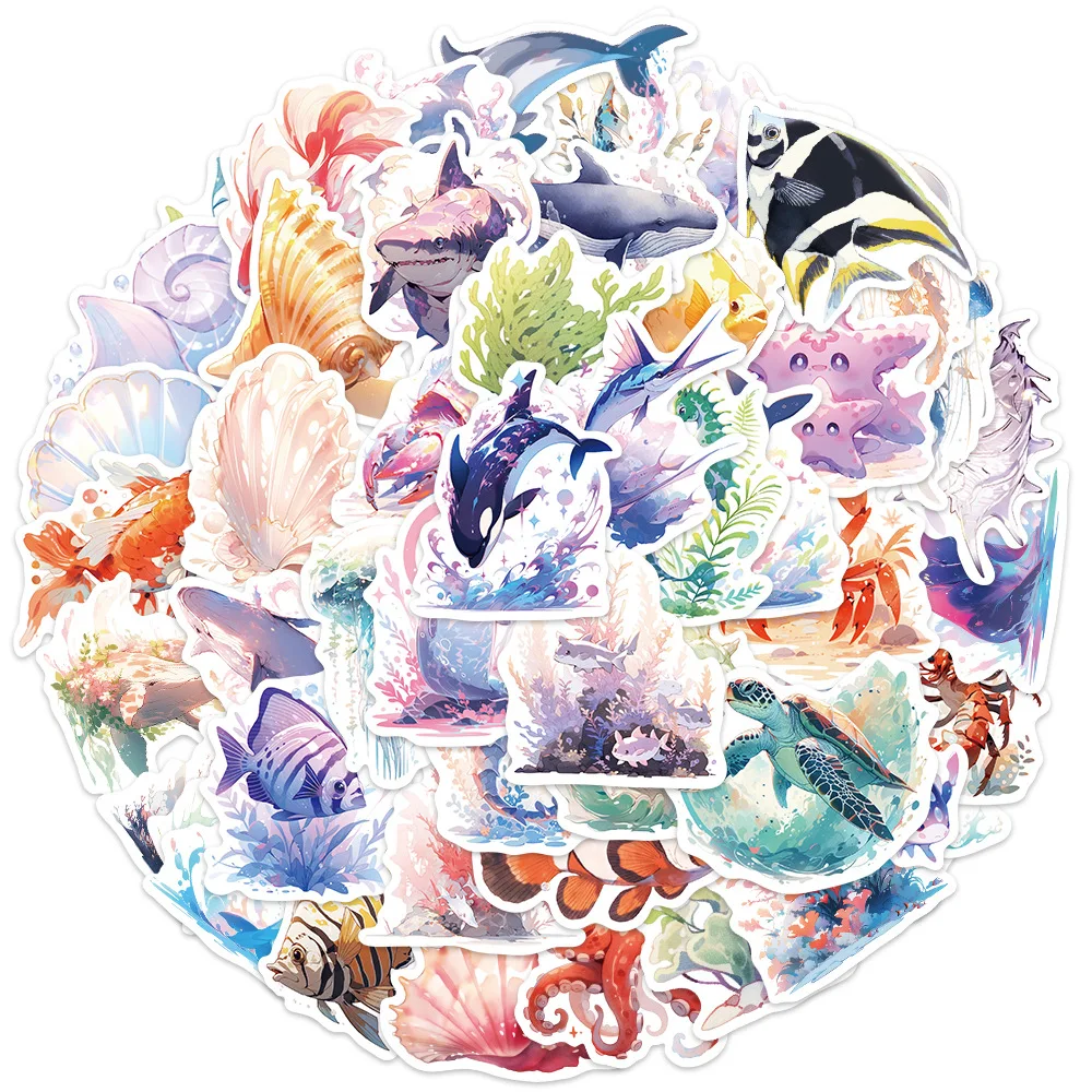 

50pcs Watercolour Sea Animal Cartoon Stickers Marine Life Ocean Decals Decoration DIY Notebook Phone Suitcae Car Sticker