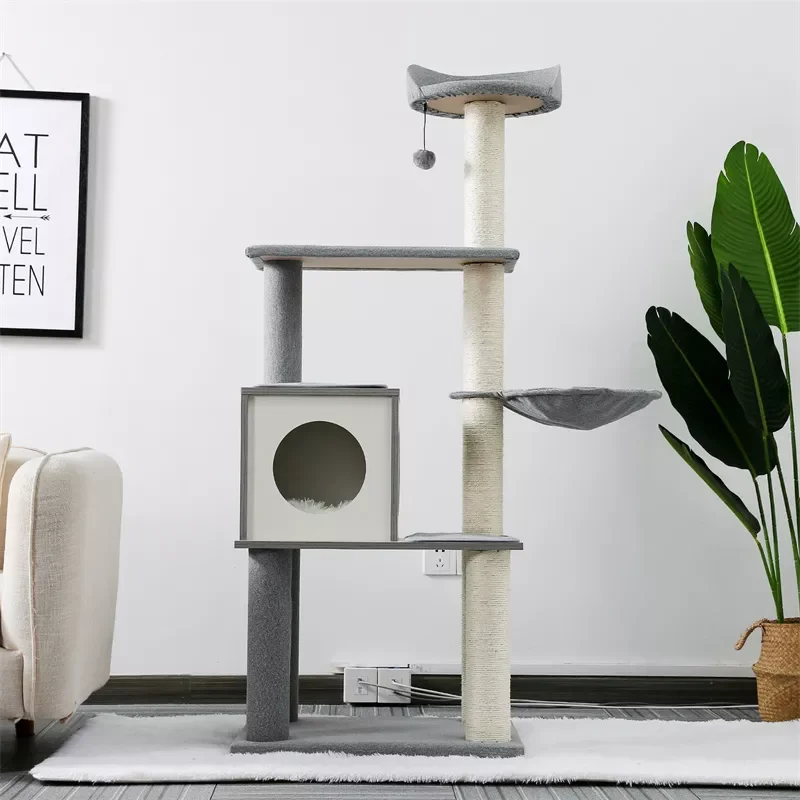 

2023New Free Shipping Multi-Level Cat Tree Modern Cat Tower Wooden with Scratching Post Condo Hammock and Hanging Ball Grey