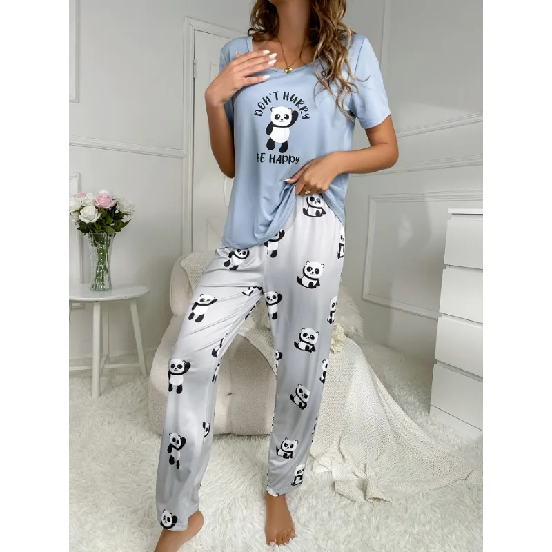 Женский пижамный комплект с коротким рукавом и длинными брюками на осень/зиму