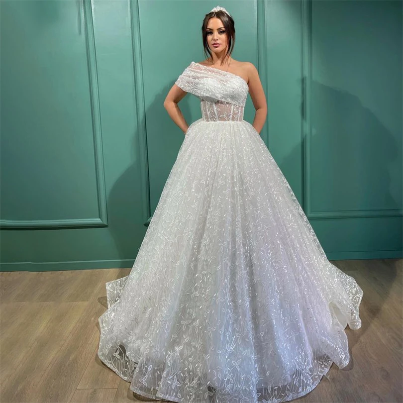 

Vintage Lace Wedding Dresses Shiny One Shoulder A-Line Pleats Backless Bridal Gowns Princess Brush Train Appliques Bride Dress