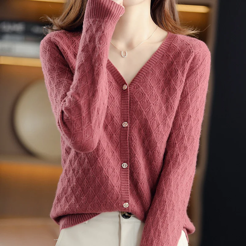 Осень/зима новый женский свитер кардиган из 100% мериносовой шерсти с v-образным