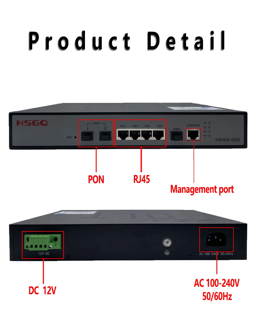 Mini 2PON GPON OLT 2 portas SFP 256 ONU 10G Uplink 100-240V AC 12V DC Power