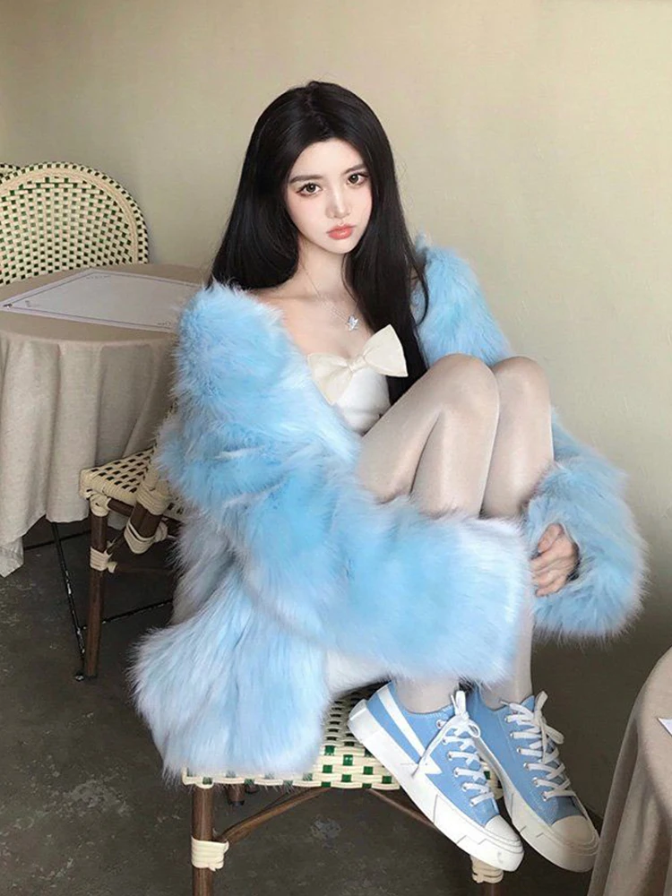 Winter coat for women fashion ice blue plush Warm soft faux fur coat  high street temperament Midi fur jackets for women