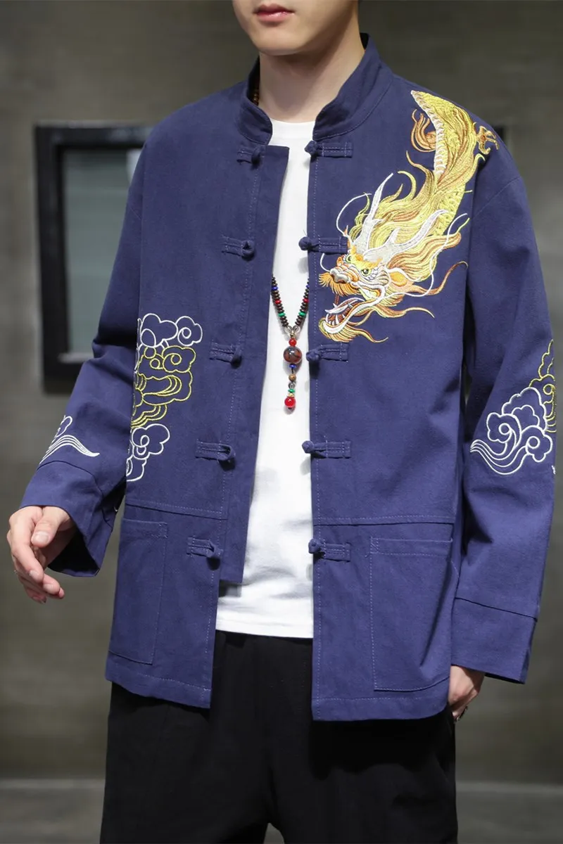 Мужская куртка в китайском стиле с вышивкой дракона Ретро Топы длинным рукавом