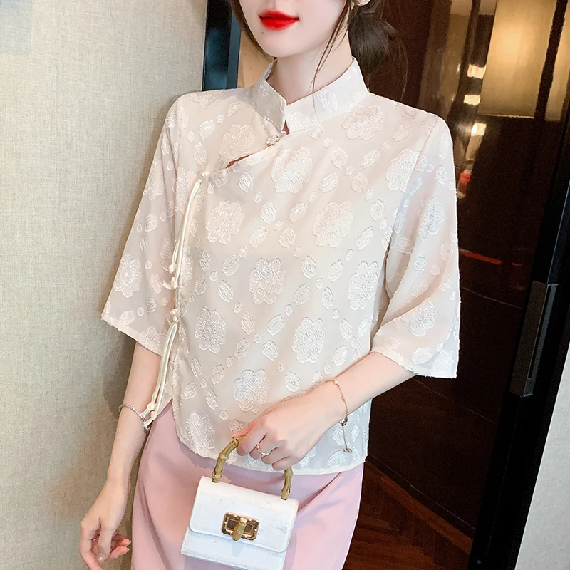 

Satin Print Women's Shirts Summer 2023 New Silk Chinese Style Blouses Loose O-Neck Short Sleeve Top Ladies Clothing YCMYUNYAN