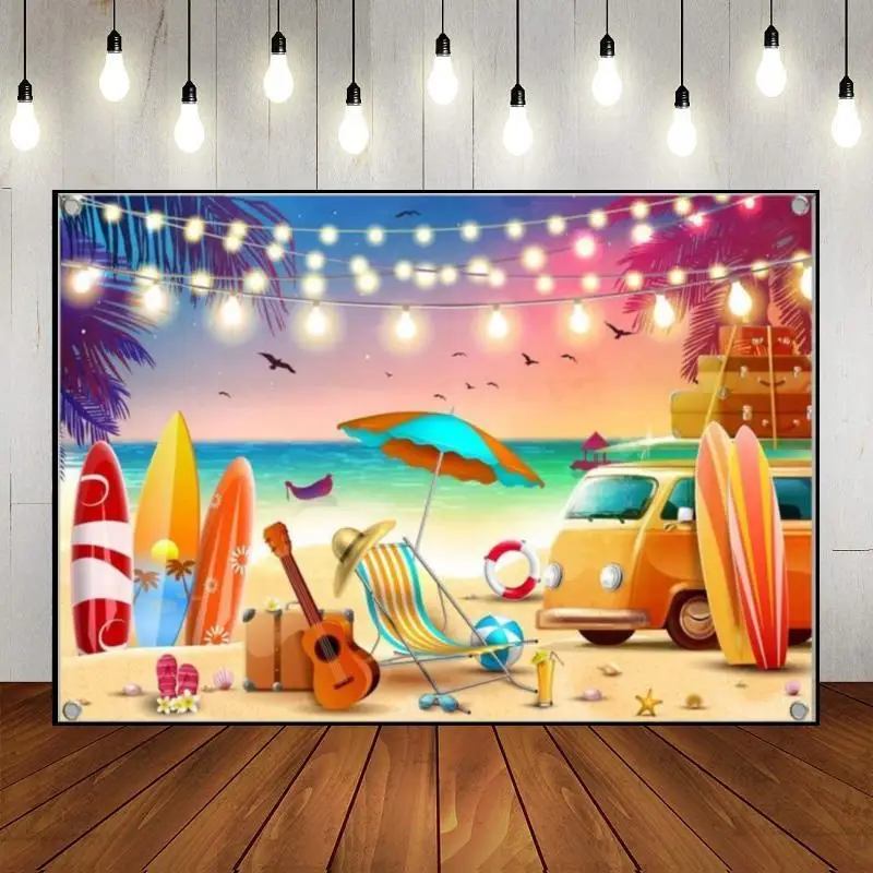 

Summer Hawaiian Pool Beach Tropical Surfing Birthday Decoration Background Photography Backdrops Party Custom Backdrop Banner