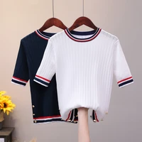 2022 new korean t shirt womens summer stripe college style short sleeved t shirt looks thin short aging white top fashion