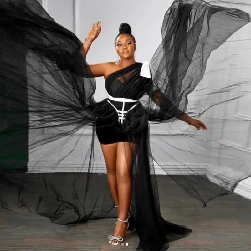 

KSDN Black Sexy Prom Dress One-Shoulder Side Split Floor Length Tulle Sweep Train Evening Gown Women Outwear Vestidos De Festa