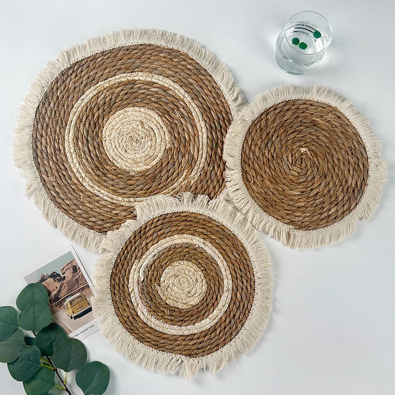 

Woven Placemats for Dining Table,Natural Straw Braided Placemat with Tassel Boho Handmade Rattan Weave Heat Resistant Mats Pots