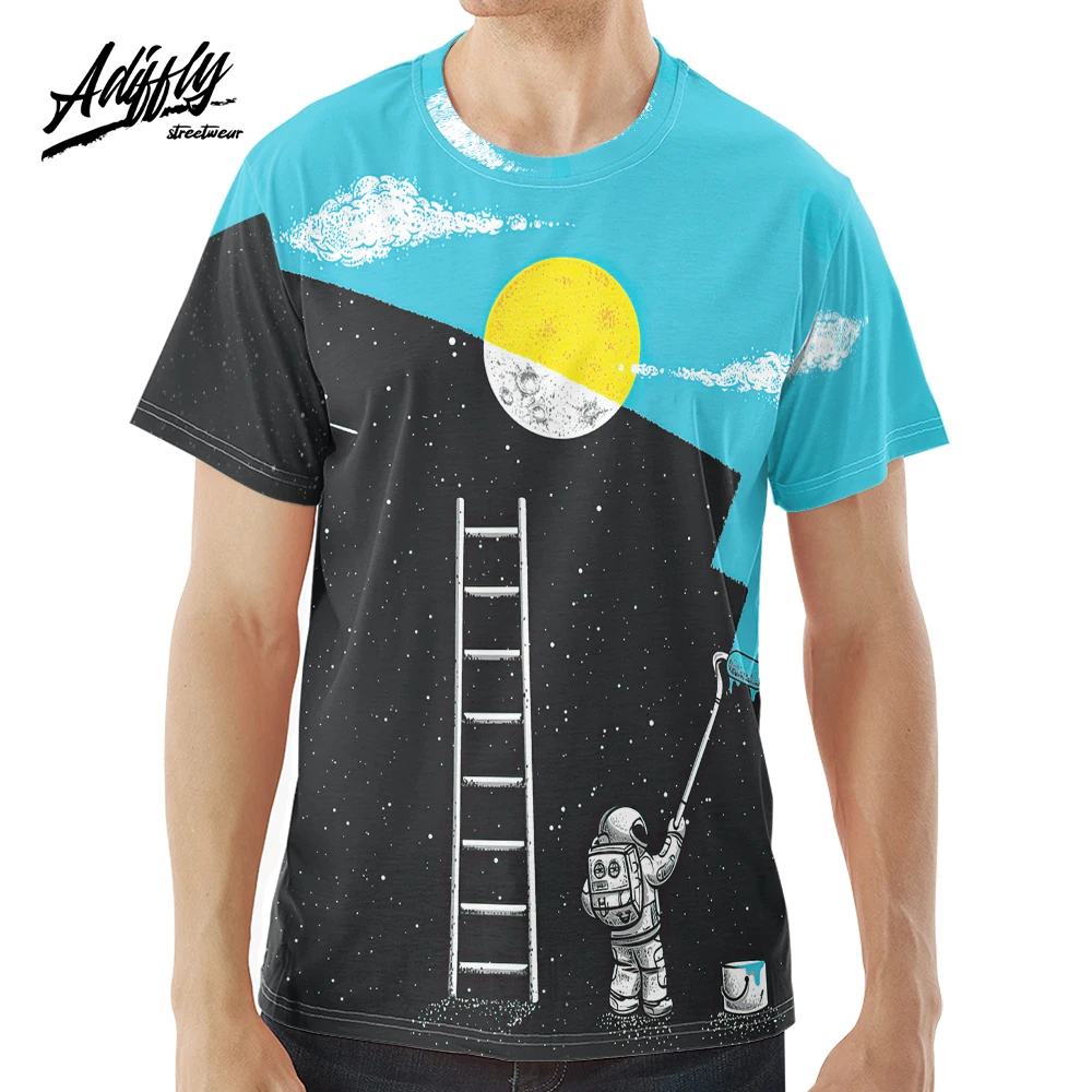 

Новинка, футболка Adiffly с круглым вырезом в виде астронавта, звезды, Луны, Модный черный топ с 3D-принтом цветных блоков для мужчин, футболка с к...