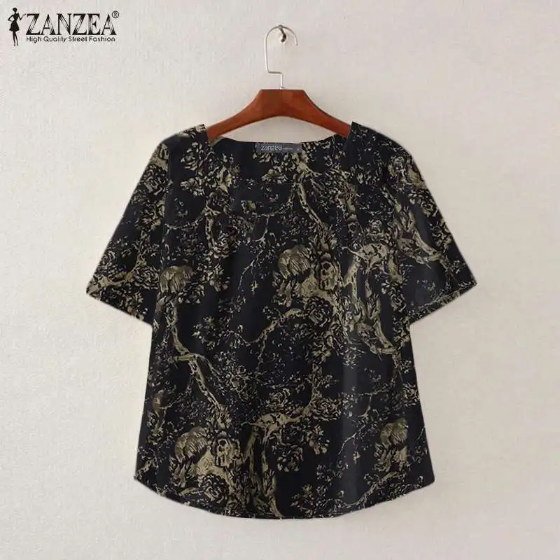 

ZANZEA 2022 Retro Printed Shirt Women Fashion Short Sleeve Tops Casual O Neck Blusa Oversized Holiday Tunic Summer Cotton Blouse