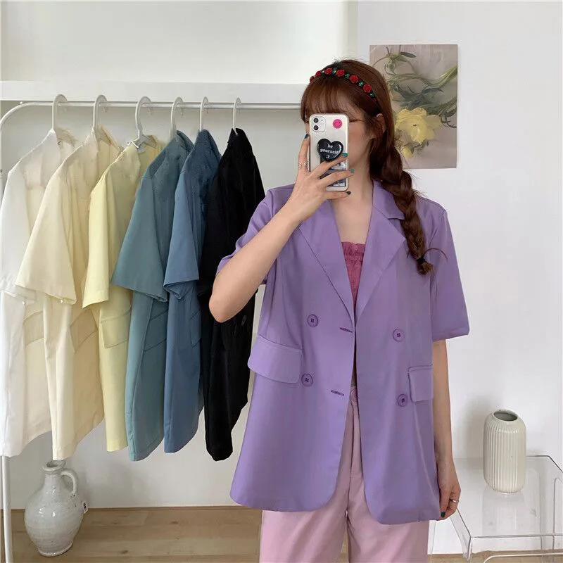 Spring Summer Korean Fashion Chic Casual Blazer Women Cute Streetwear Commute Short Sleeve Blazer Preppy Style Clothes Work Wear