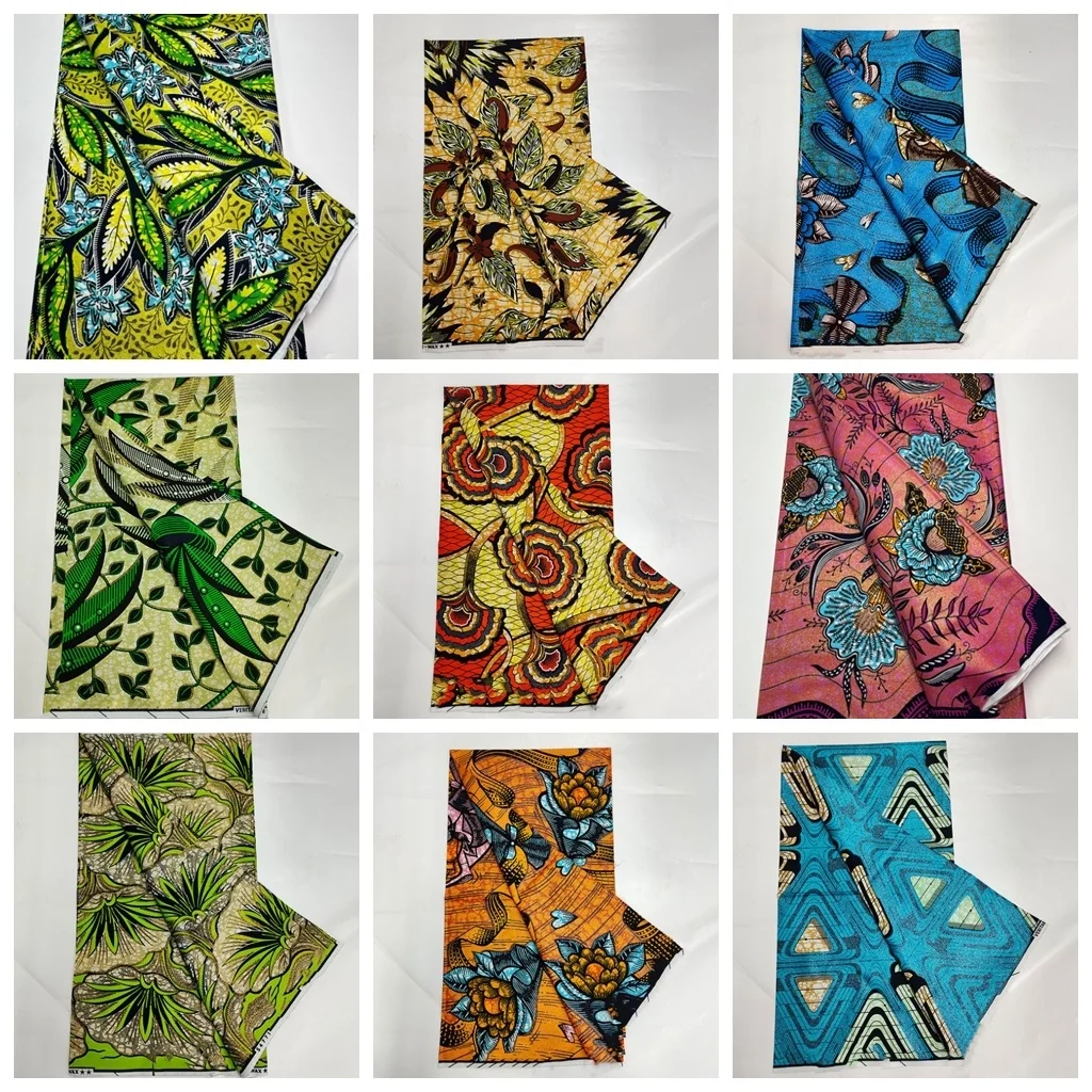 

2022 African Grand Glam Glitter Golden Wax Fabrics Soft Ankara Tissu Sewing For Party Dress Satin Cotton 100% Print Wax