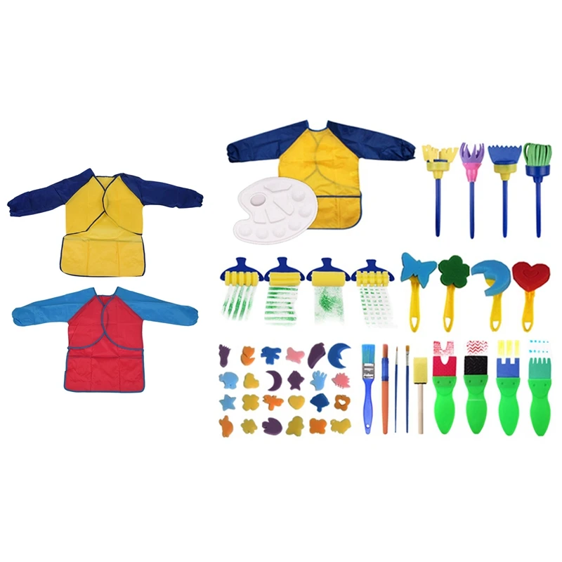 

Pack Of 2 Kids Art Smocks, Children Waterproof Artist Painting Aprons & 47 Pcs Children Sponge Painting Brushes Set