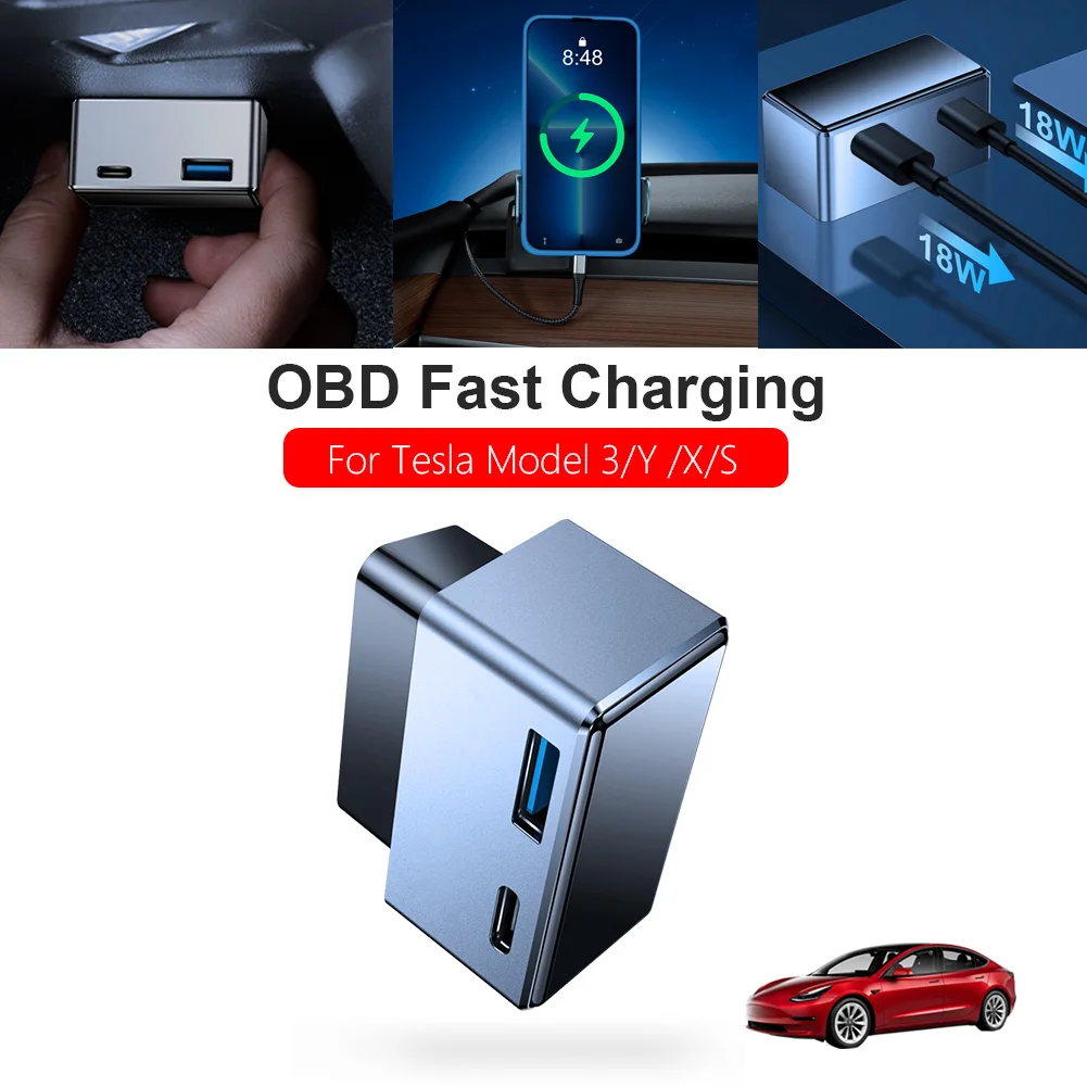

OBD Plug For Tesla Model 3 Y X S Ports Extender Phone PD Fast Charging USB Type-C Dual Heads Wall Charger OBD2 Splitter Adapter