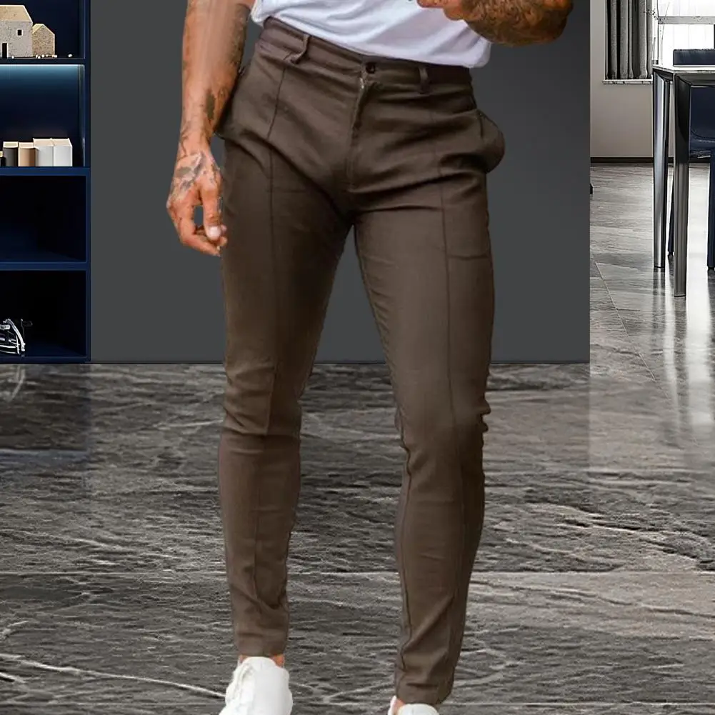 

Men Long Pants Solid Color Trousers Stylish Men's Slim Fit Business Trousers Breathable Soft Thin Fabric with Ankle Length Slant