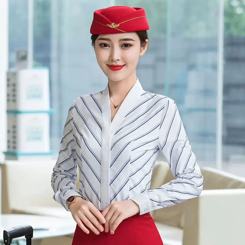 Женская рубашка в полоску с длинным рукавом и V-образным вырезом