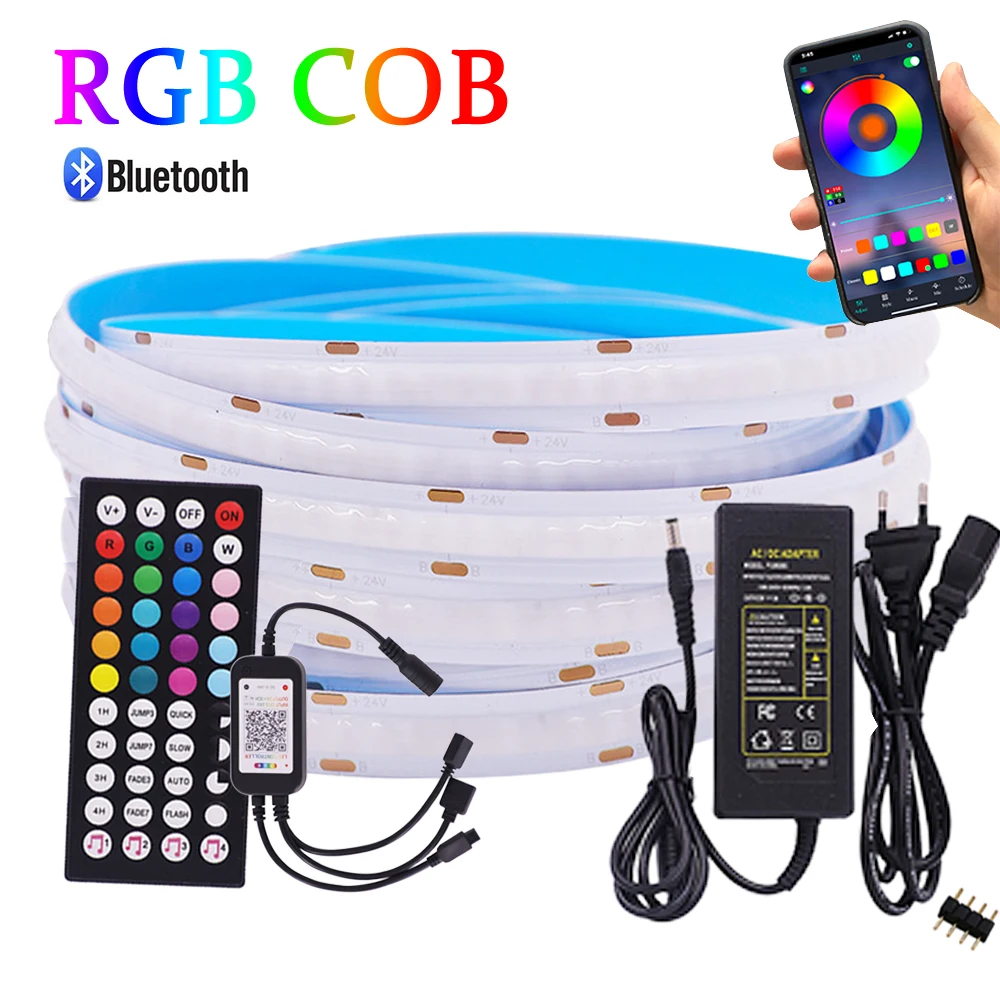 12V RGB COB LED Strip Light Bluetooth-compatible 44key 24key Remote Control Power Kit 840LED/m High Density Flex Led Tape Decor