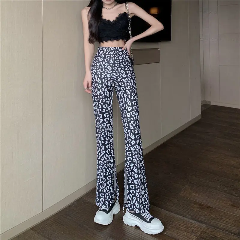 

Women 2022 Spring Summer Fashion Leopard Print Flare Pants Trousers Vintage Female High Waist Pant Casual All-Match Pantalon F65