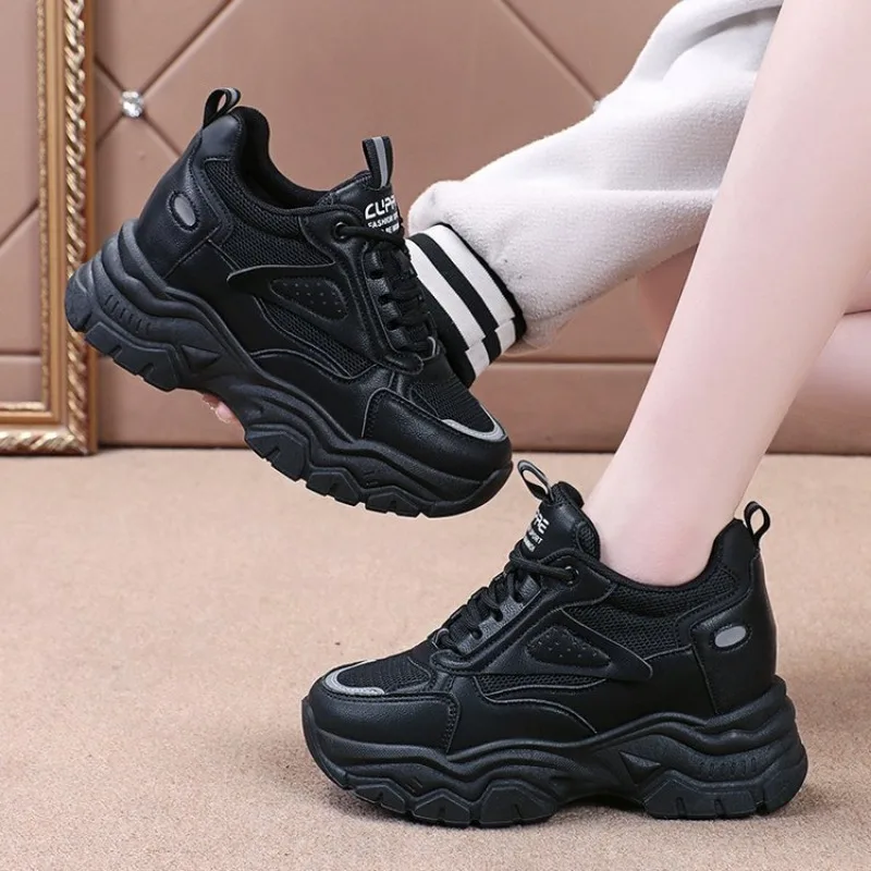 

New Black Chunky Sneakers Casual Vulcanized Shoes Woman High Platform Sneakers Lace Up White Sneakers Women 2023
