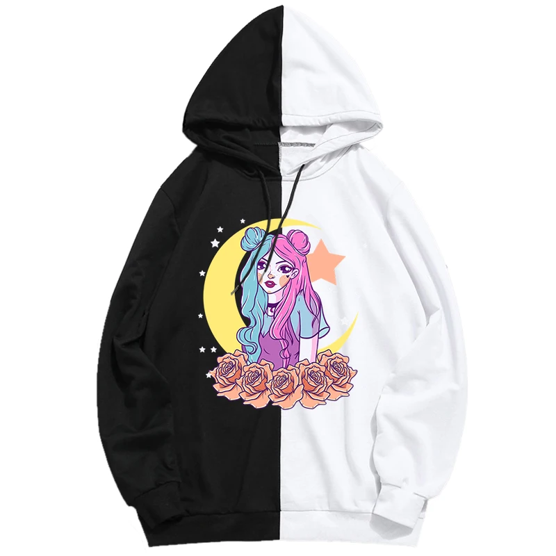 

Sad Girl Moon and Roses Autumn Winter Pullover Long Sleeve Clothes Pastel Goth Sweatshirt Soft Warm Hip Hop Hoodies Unisex