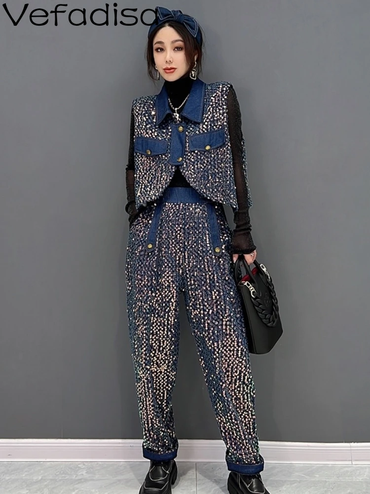 

Vefadisa 2023 Women New Autumn Denim Sequins Polo Collar Vest Coat And Elastic Waist Leisure Trousers Sets Blue Women's LHX3648