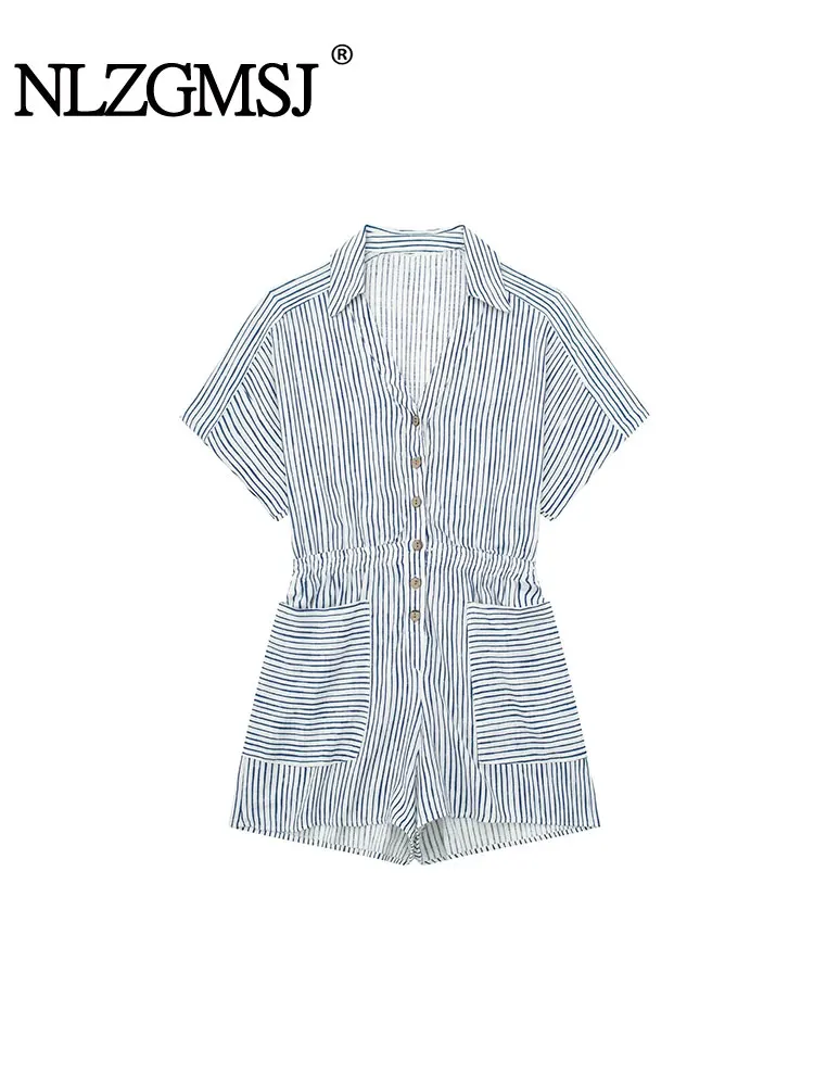 

Nlzgmsj TRAF 2023 Summer Women Shorts Jumpsuit V-neck Single Beasted Pocket Elastic Waist Short Sleeve Striped Jumpsuit