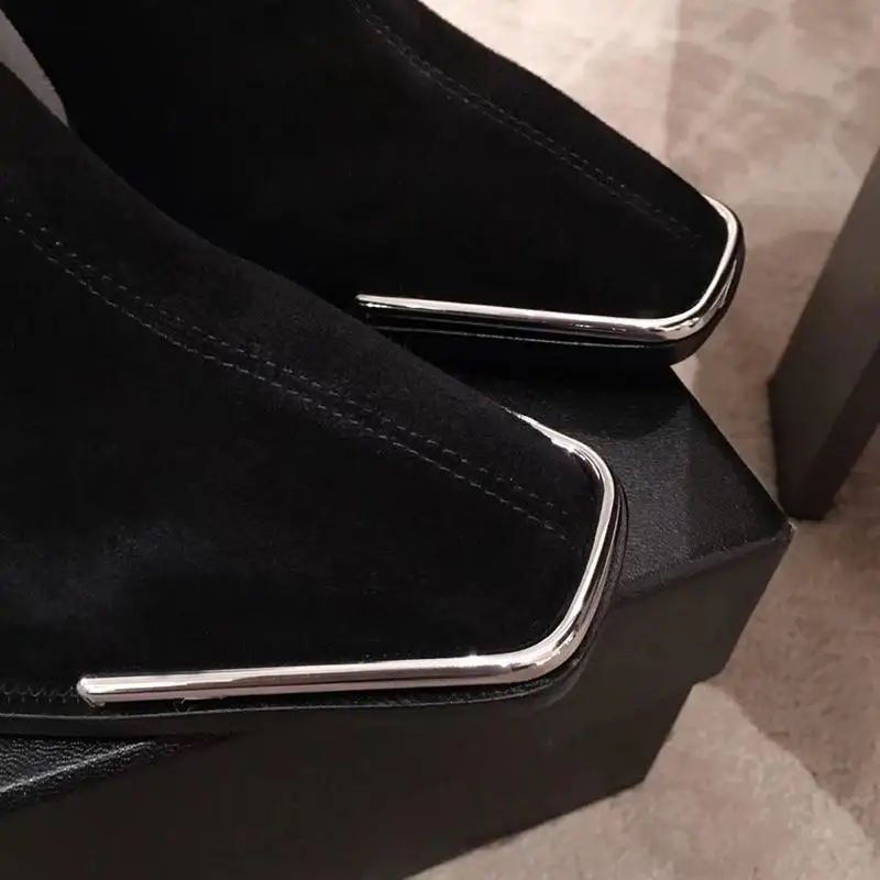 Elastic Suede High Heel Short Boots Women plus Velvet 2022 Autumn and Winter New Fashion Square Toe Chunky Heel Knight Shoes