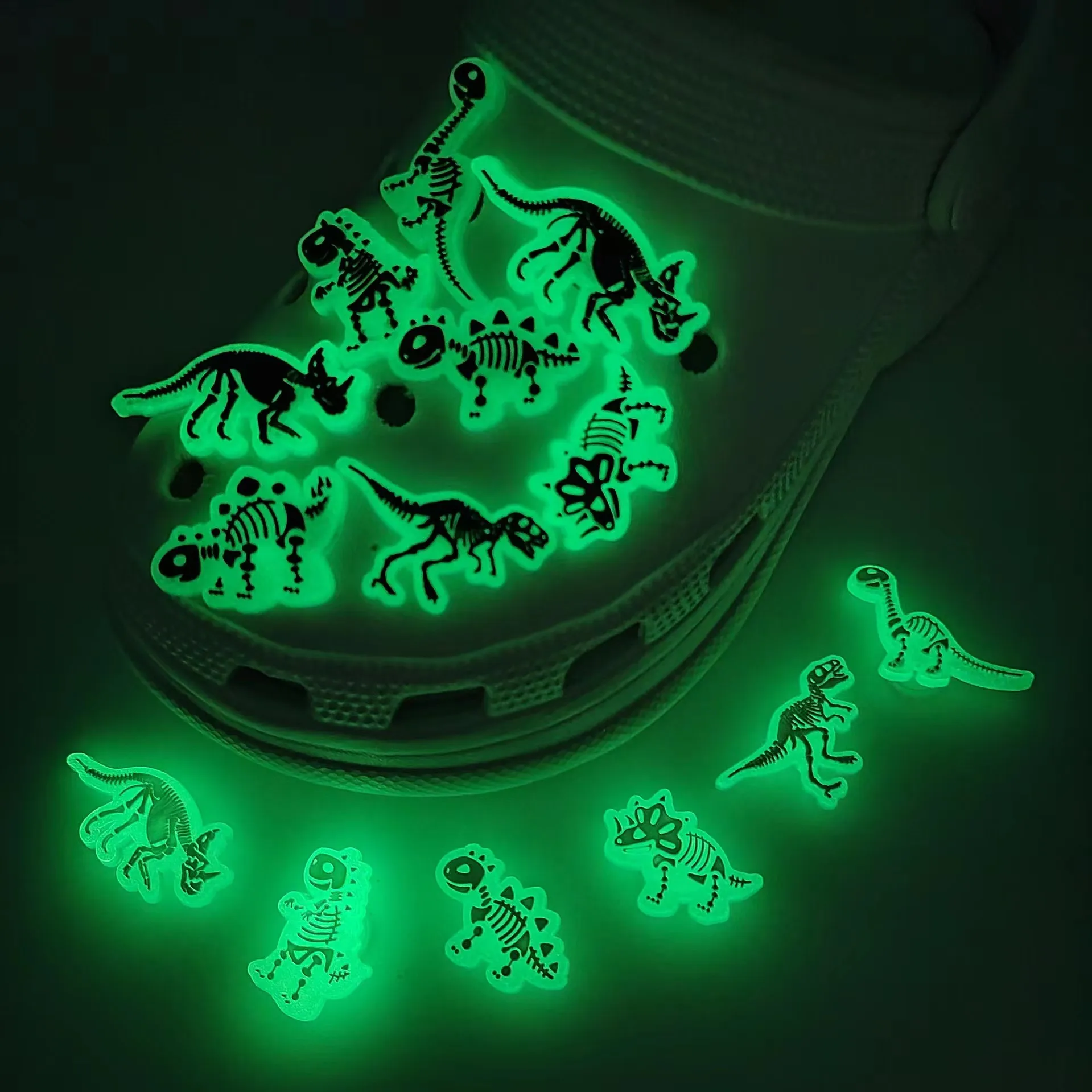 1pcs Luminous Dinosaur  Shoe Charms Triceratops Raptor PVC Shoe Decoration Designer for croc jibz Kids X-mas Party Gifts
