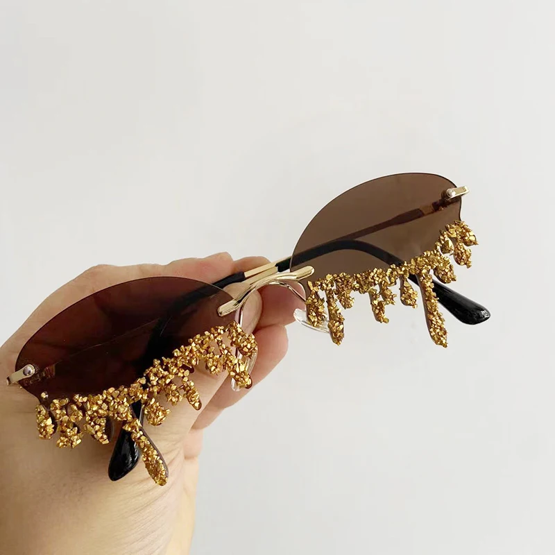 Small Oval Rimless Tear Shape Rhinestone Sunglasses With Stone Brand Designer Punk Diamond Sun Glasses Gafas De Sol 4