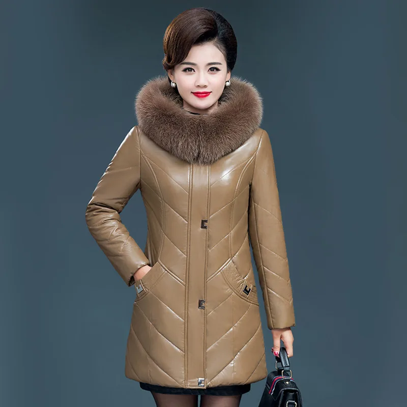 Women Leather Coat Winter Nice Pop Fashion Warm Fur Collar Hooded Faux Sheepskin Jacket Tops Outerwear Female Plus Size L-7XL