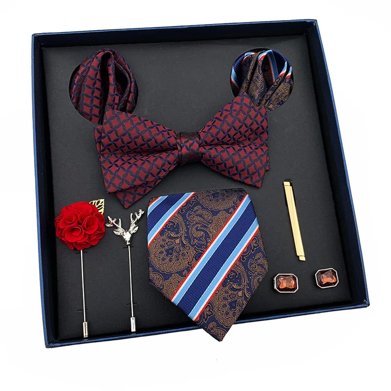 

Luxury Men's Ties Set Designer Handmade Woven Necktie with Bowtie Crystal Cufflinks Pocket Square Brooch Ties Clip Gift Box