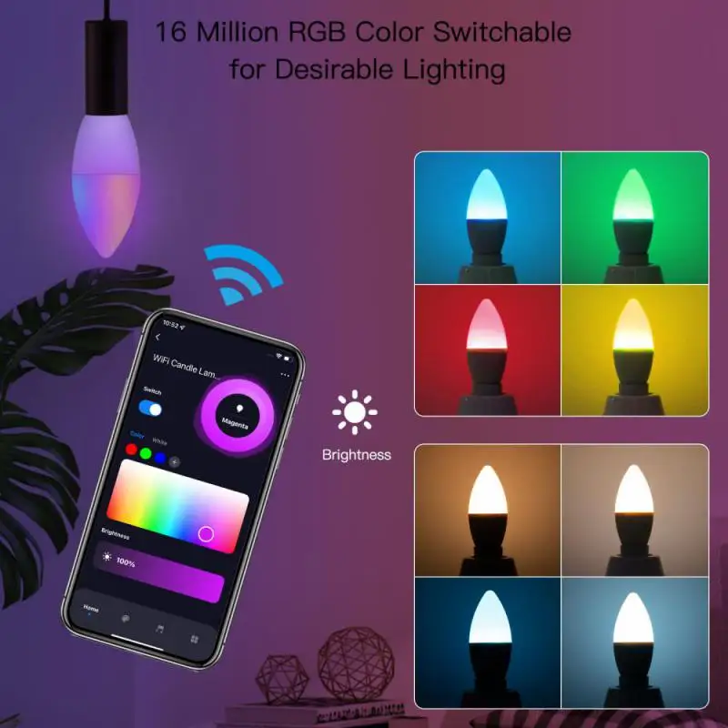 

Aubess E14 WiFi Smart Light Bulb AC90-250V RGBCW Dimmable LED Light Bulb Voice Control For Alexa Google Home Yandex Alice