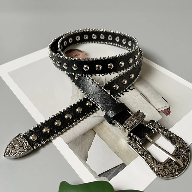Newest Designs Rock Punk Carved Circular Rivet PU Leather Belt Unisex five-pointed star rivet Accessories Women Waist Belt