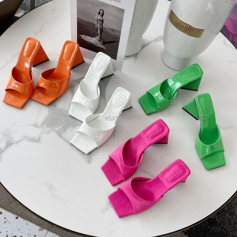 2022 Fashion Elegant Women Slides 8.5cm High Heels Green Orange Block Heels Mules Slippers Lady Square Toe Sandals Pumps Shoes