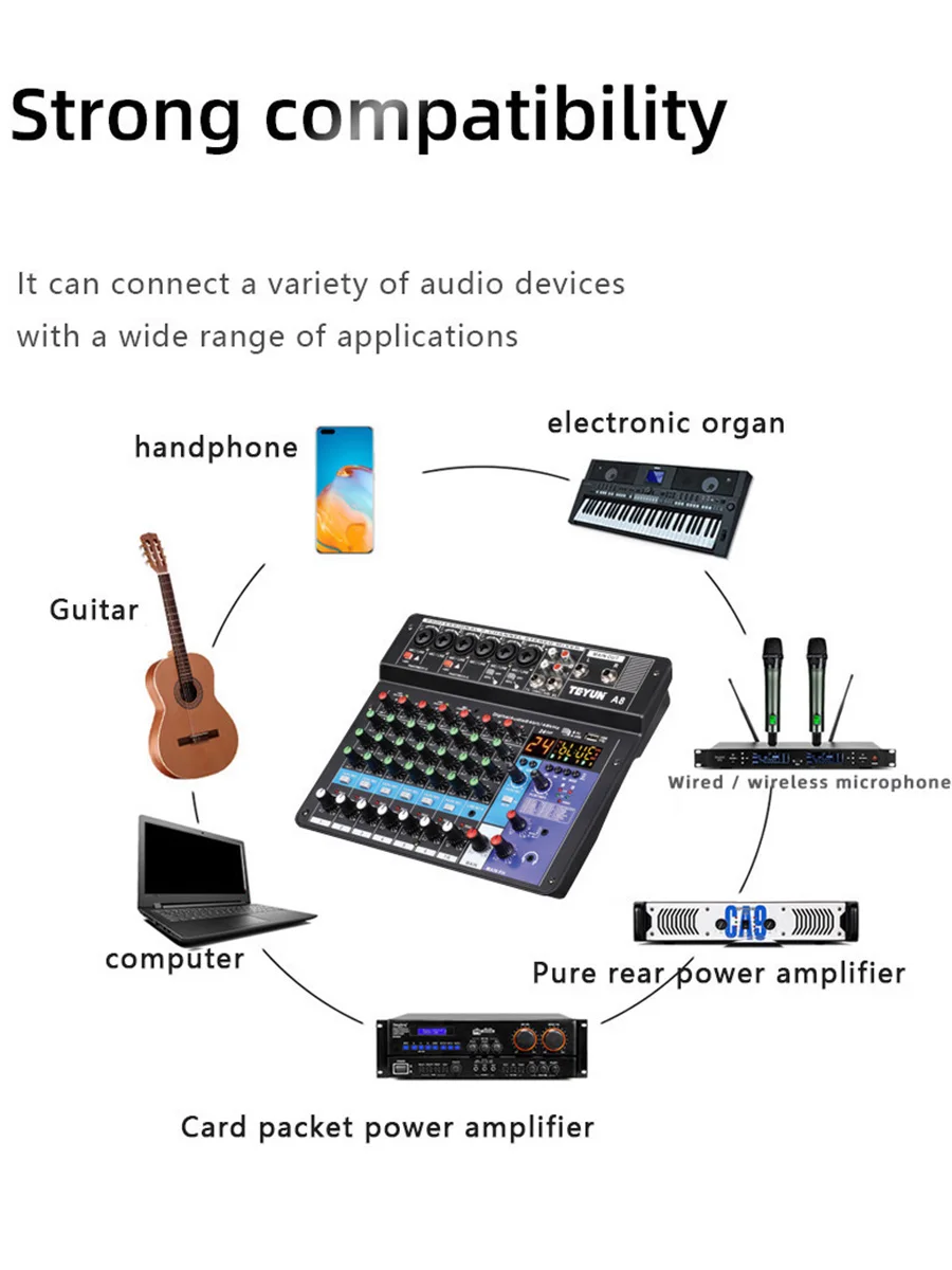 Звуковая микшерная консоль TEYUN A8 звуковая настольная плата с 8 каналами USB Bluetooth