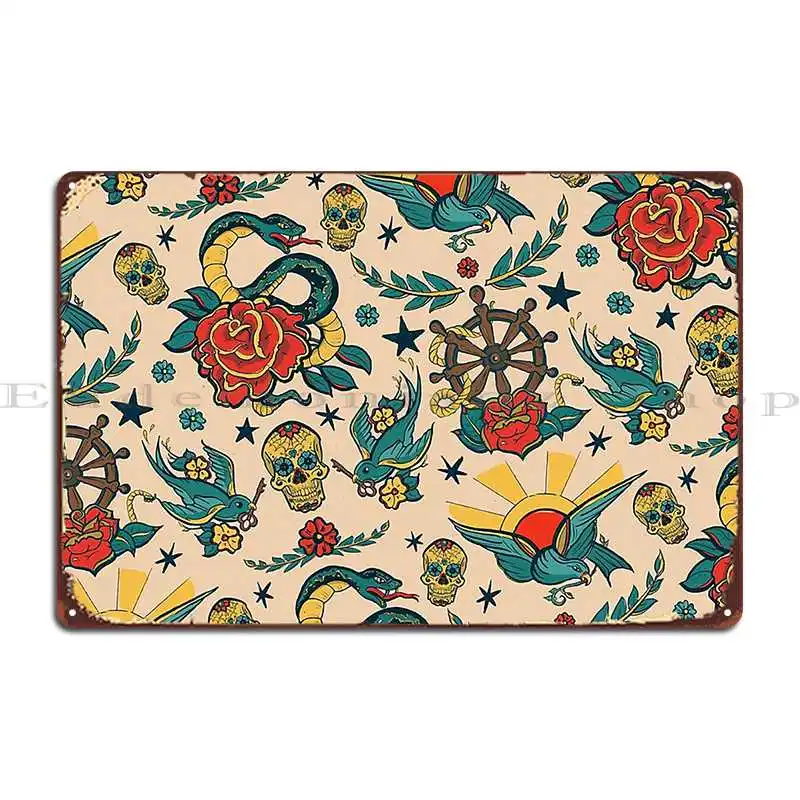 Металлический плакат в стиле панк с рисунком татуировки и иллюстрацией