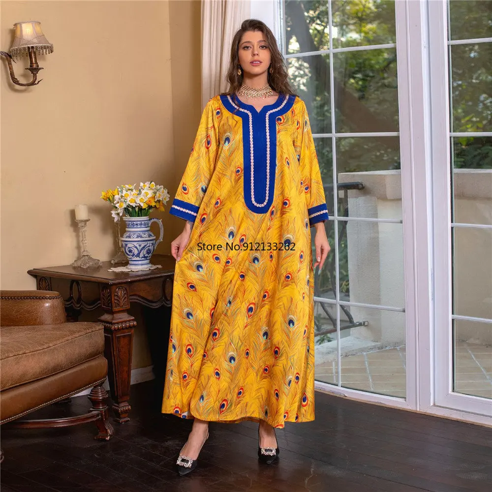 Elegant Ethnic Print Maxi Dress for Women Spring 2023 New Muslim Jalabiya Dubai Moroccan Caftan Middle Eastern Clothes Ramadan