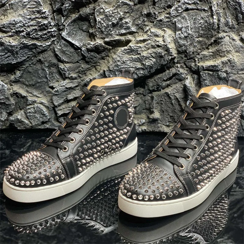 

Luxury Brand Balck Leather Silver Full Rivets Red Bottoms Shoes For Men's Casual Flats Loafers Women's High Tops Tennis Sneakers