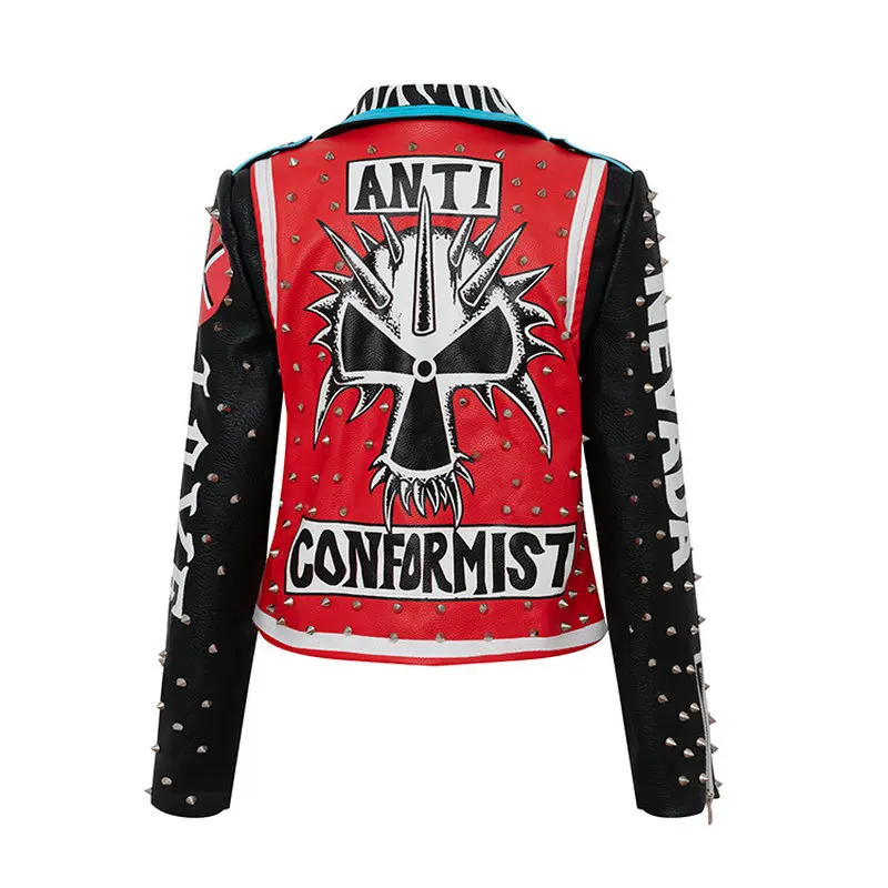 New Street Trend Short Slim Motorcycle Long Sleeve Graffiti Red and Black Leather Jacket