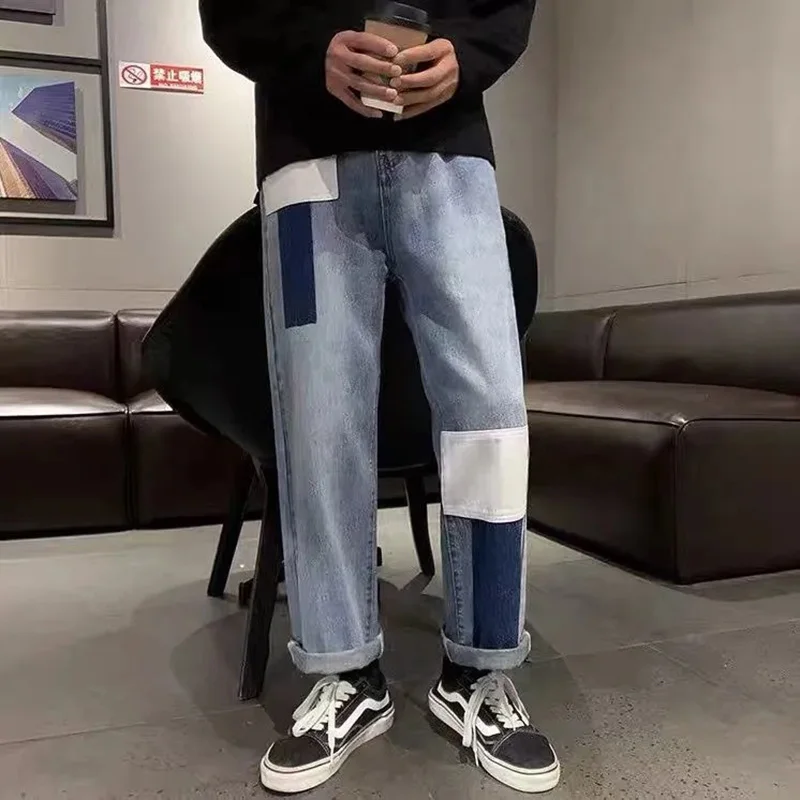 Men Jeans Patchwork Trendy Panelled Loose Leisure Chic Males Denim Straight Punk All-match Retro Trousers Baggy Cowboy Students