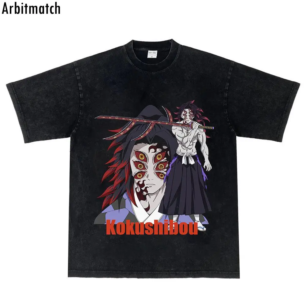 

Футболка мужская с принтом японского аниме, модная уличная тенниска из чистого хлопка с вареным коротким рукавом в стиле хип-хоп, повседнев...