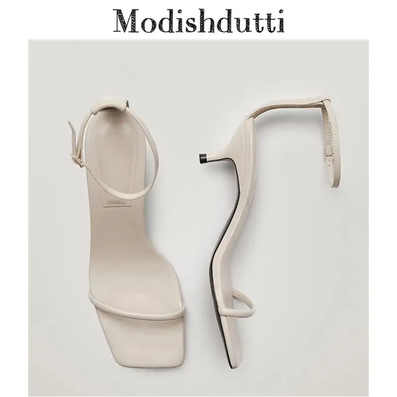

Modishdutti 2022 Summer Woman One Word Belt Genuine Leather Slim Sandals Female Solid Color Simple Casual High Heel Shoes