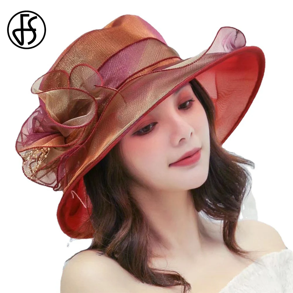 

FS Summer Big Brim Organza Gradient Hats For Women Fashion Round Top Sunbonnet Ladies Outdoor Versatile Sun Protection Cool Cap